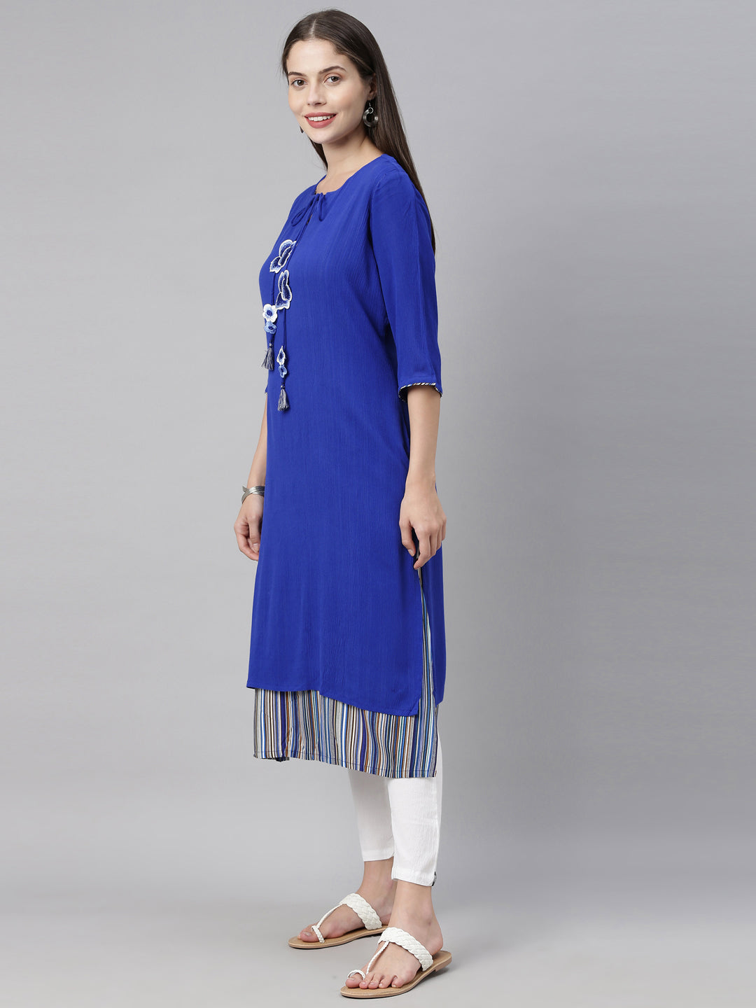 Neerus Blue chiffon straight kurti - detail view 2