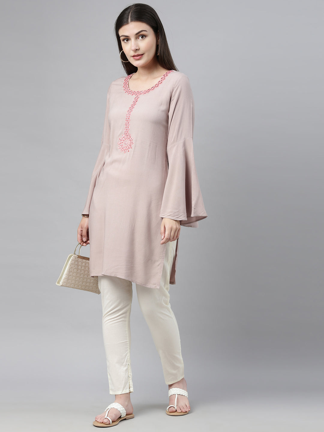Neerus Beige rayon palazzo set - front view