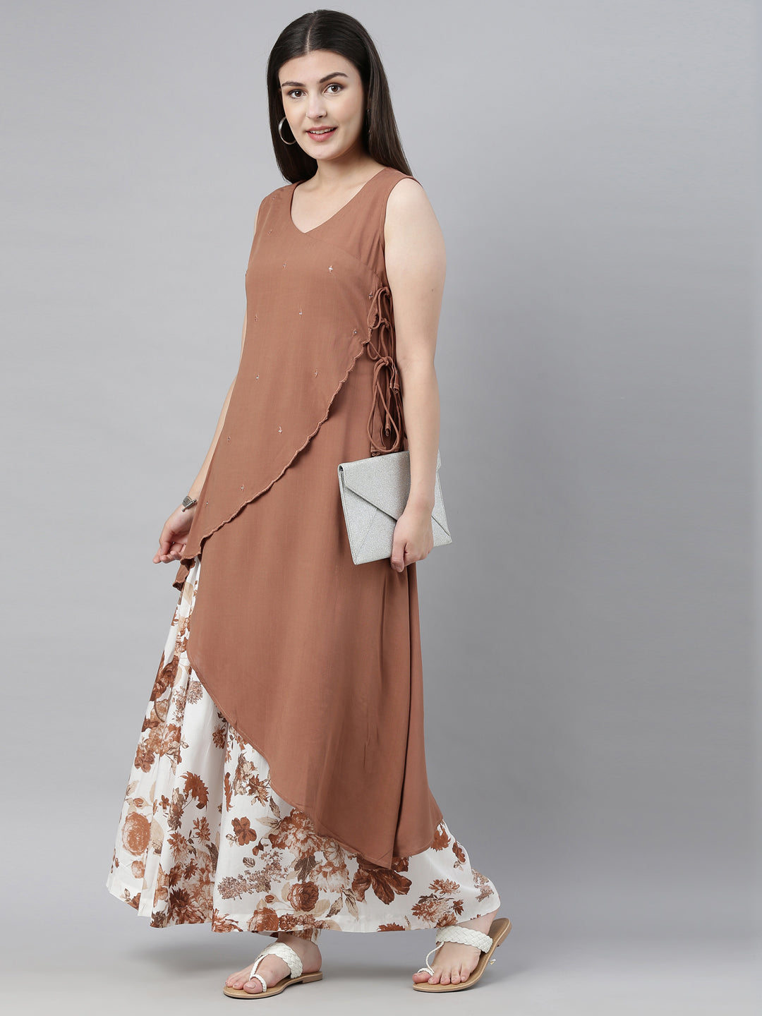Neerus Brown embellished kurta set with palazzo - back view