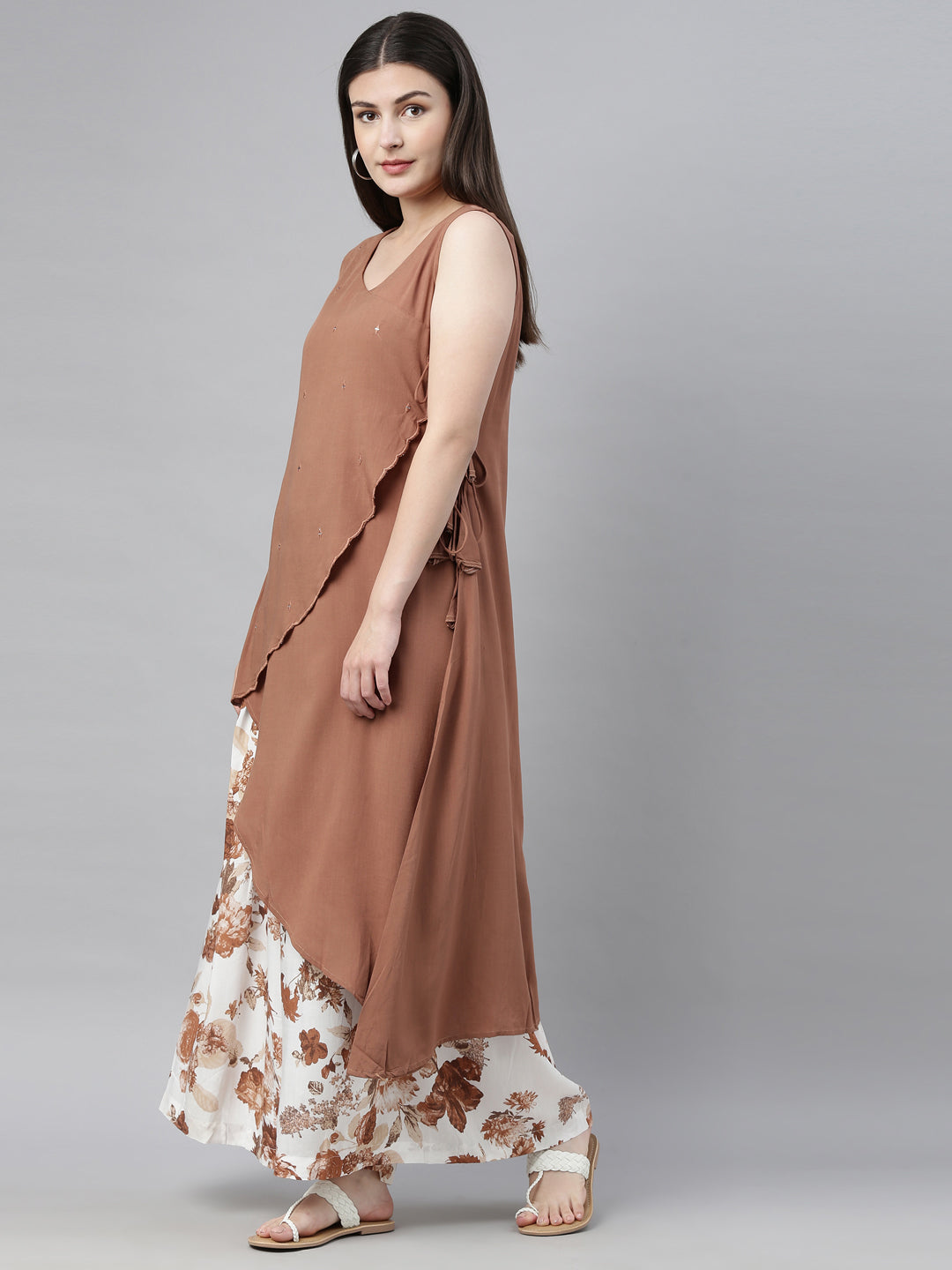 Neerus Brown embellished kurta set with palazzo - detail view 2