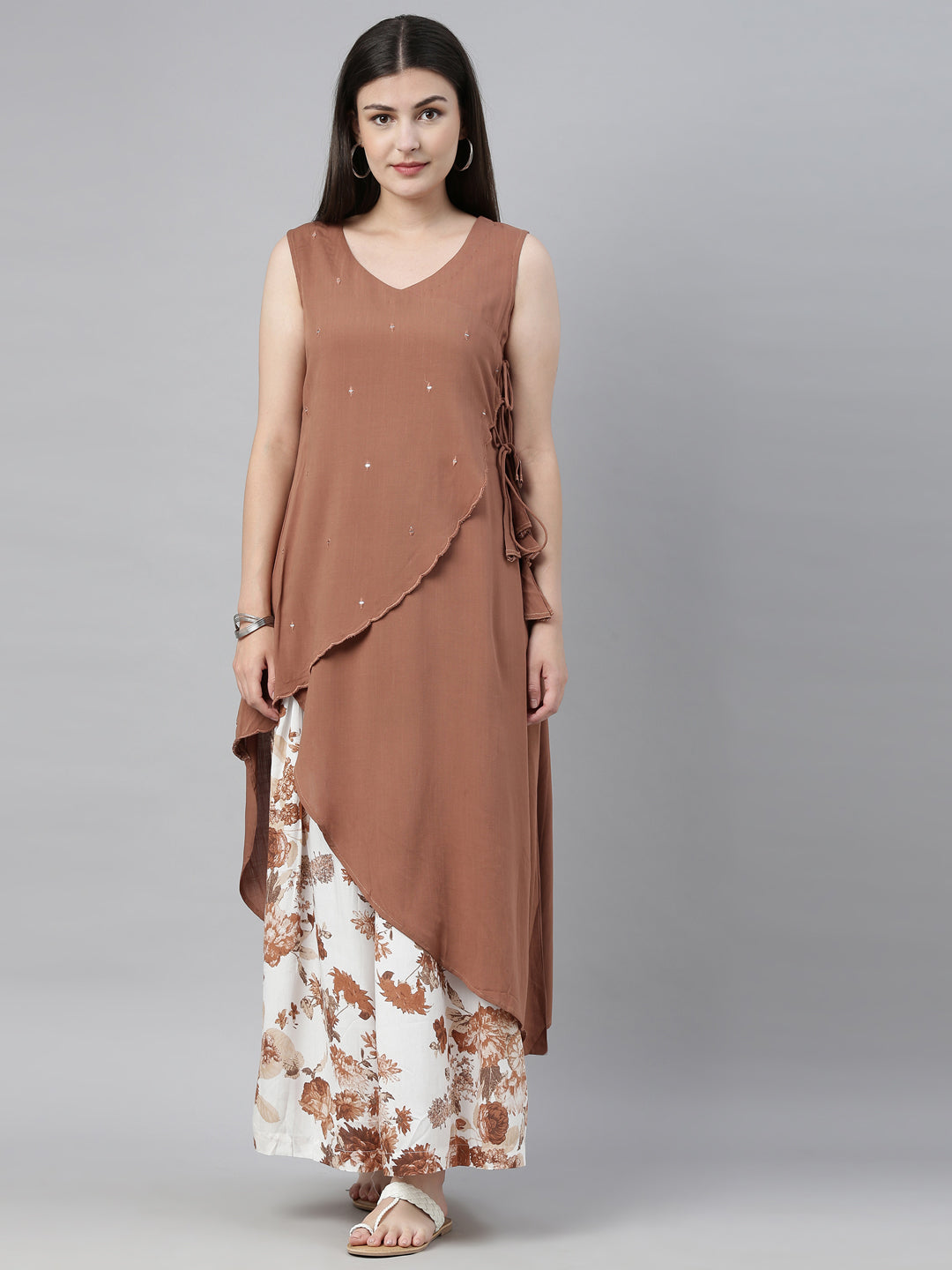 Neerus Brown embellished kurta set with palazzo - front view