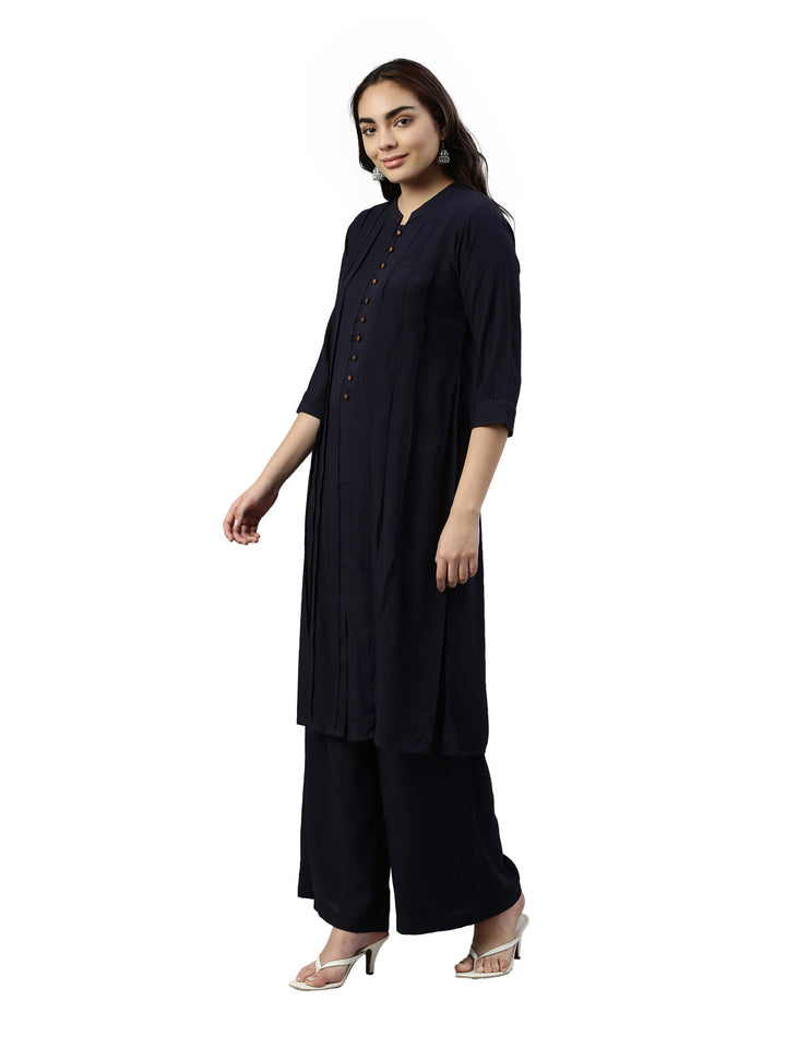 Neerus Blue Rayon Solid Straight Kurta with Dupatta - side view