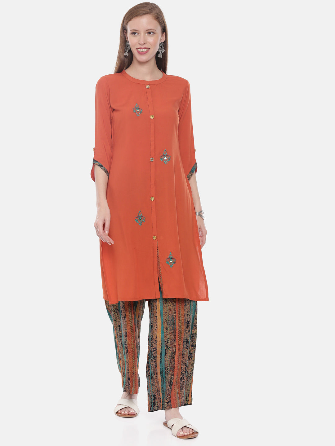 Neerus Orange rayon embroidered straight kurta - front view