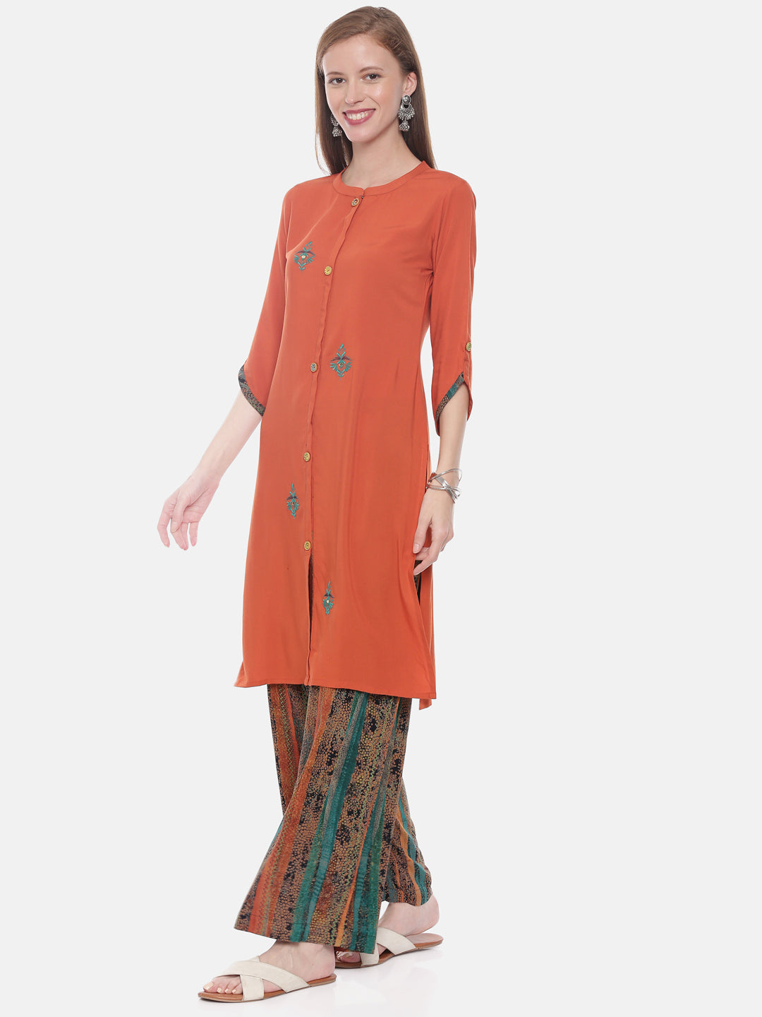Neerus Orange rayon embroidered straight kurta - side view