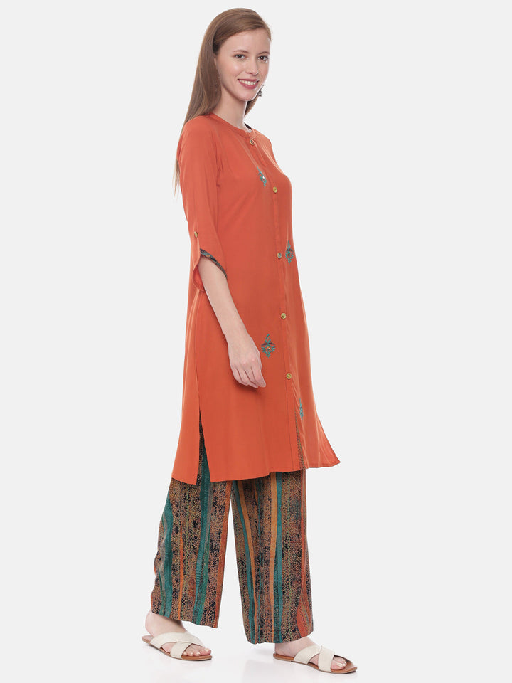 Neerus Orange rayon embroidered straight kurta - detail view 1