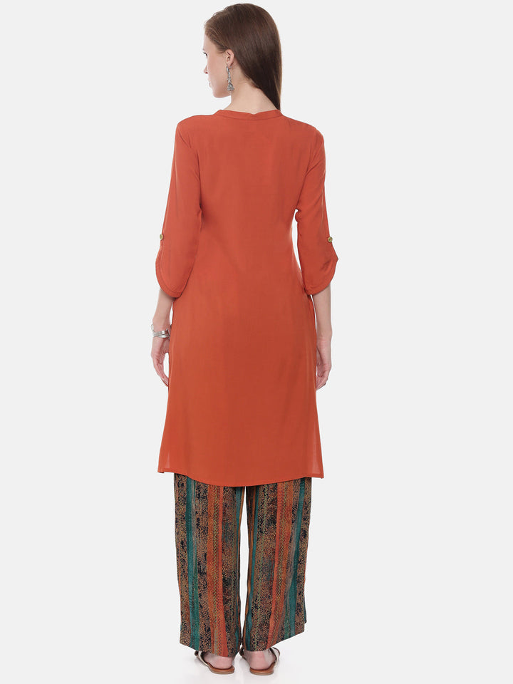 Neerus Orange rayon embroidered straight kurta - detail view 2