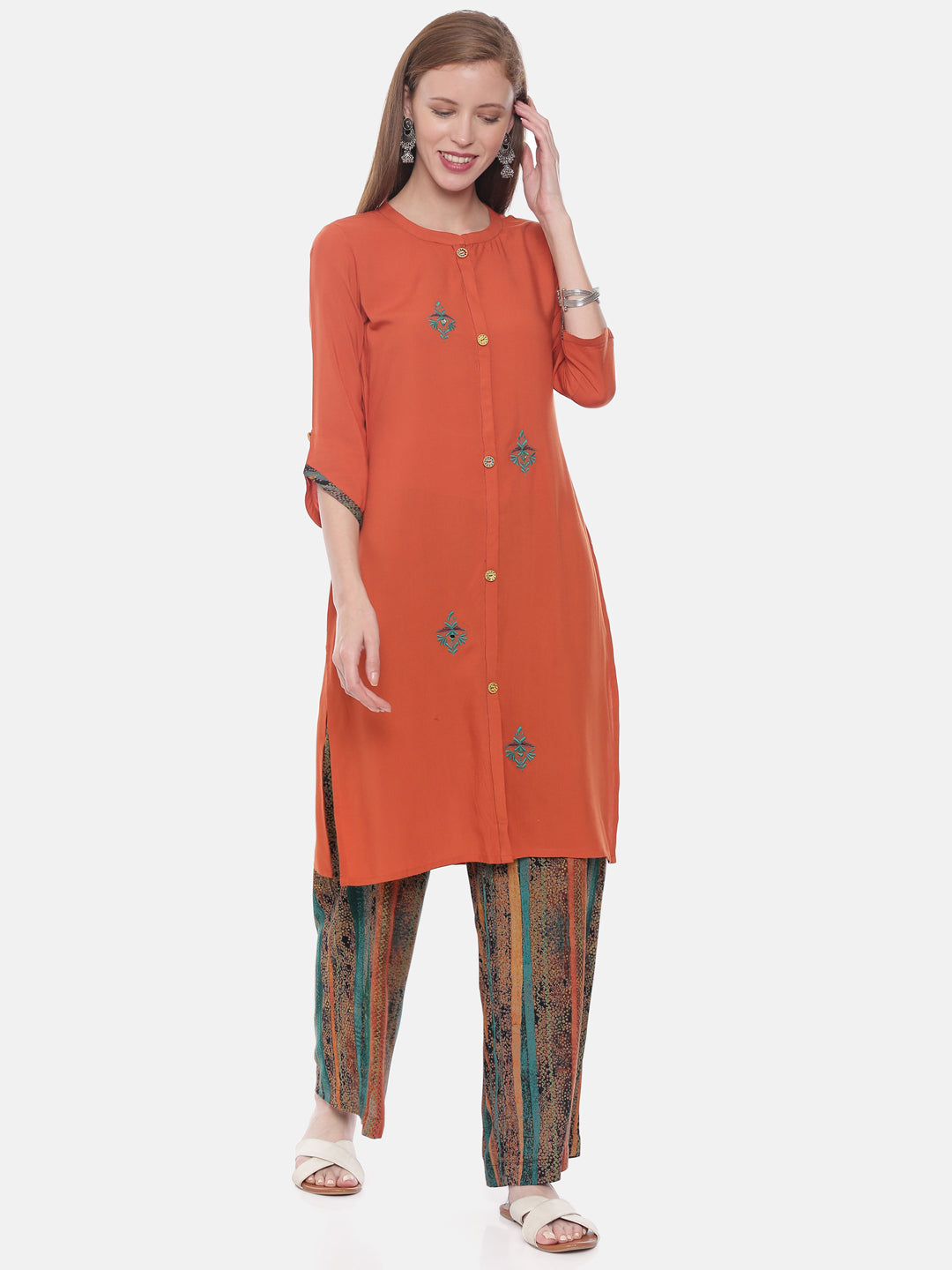 Neerus Orange rayon embroidered straight kurta - detail view 3
