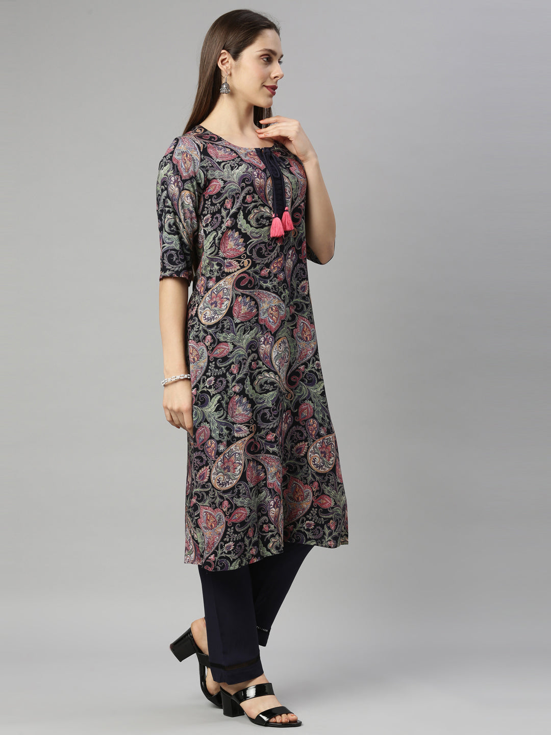 Neerus Blue Rayon Kurta Set with Palazzo - detail view 1