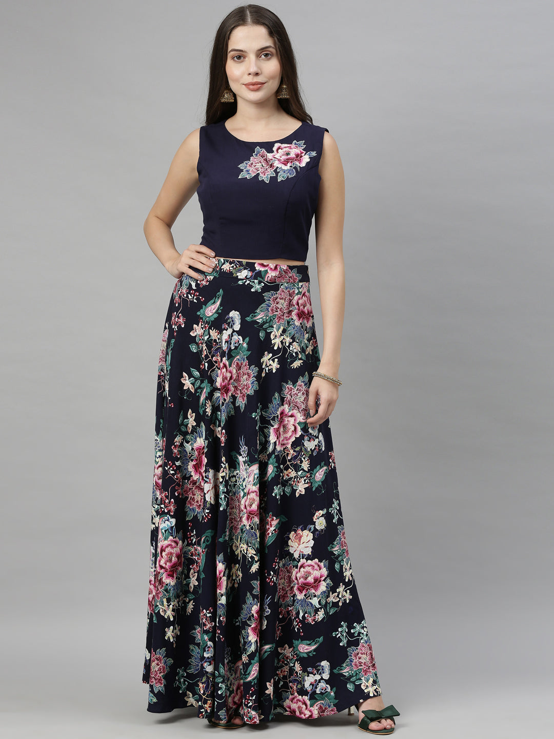 Neerus Blue viscose rayon co-ord set crop top and skirt - detail view 6