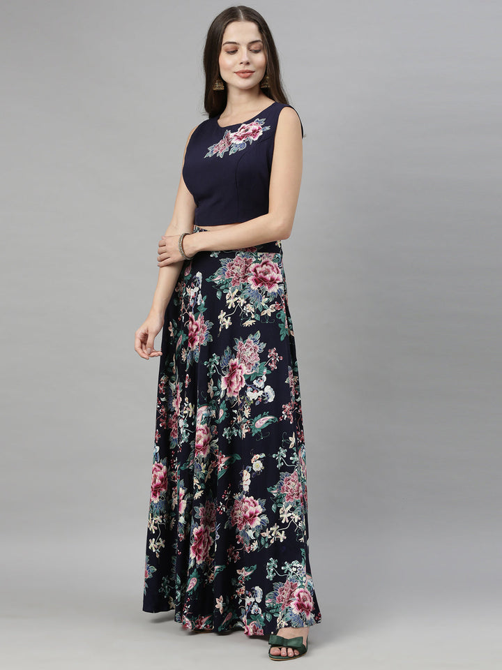 Neerus Blue viscose rayon co-ord set crop top and skirt - detail view 1