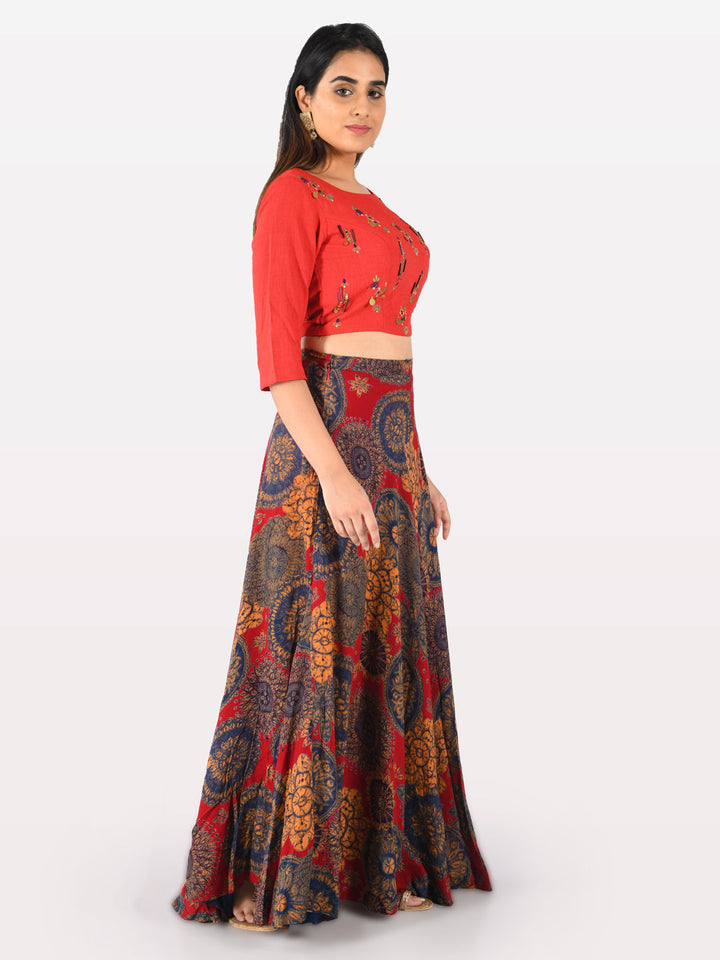 Neerus Red rayon co-ord set crop top and skirt - detail view 1