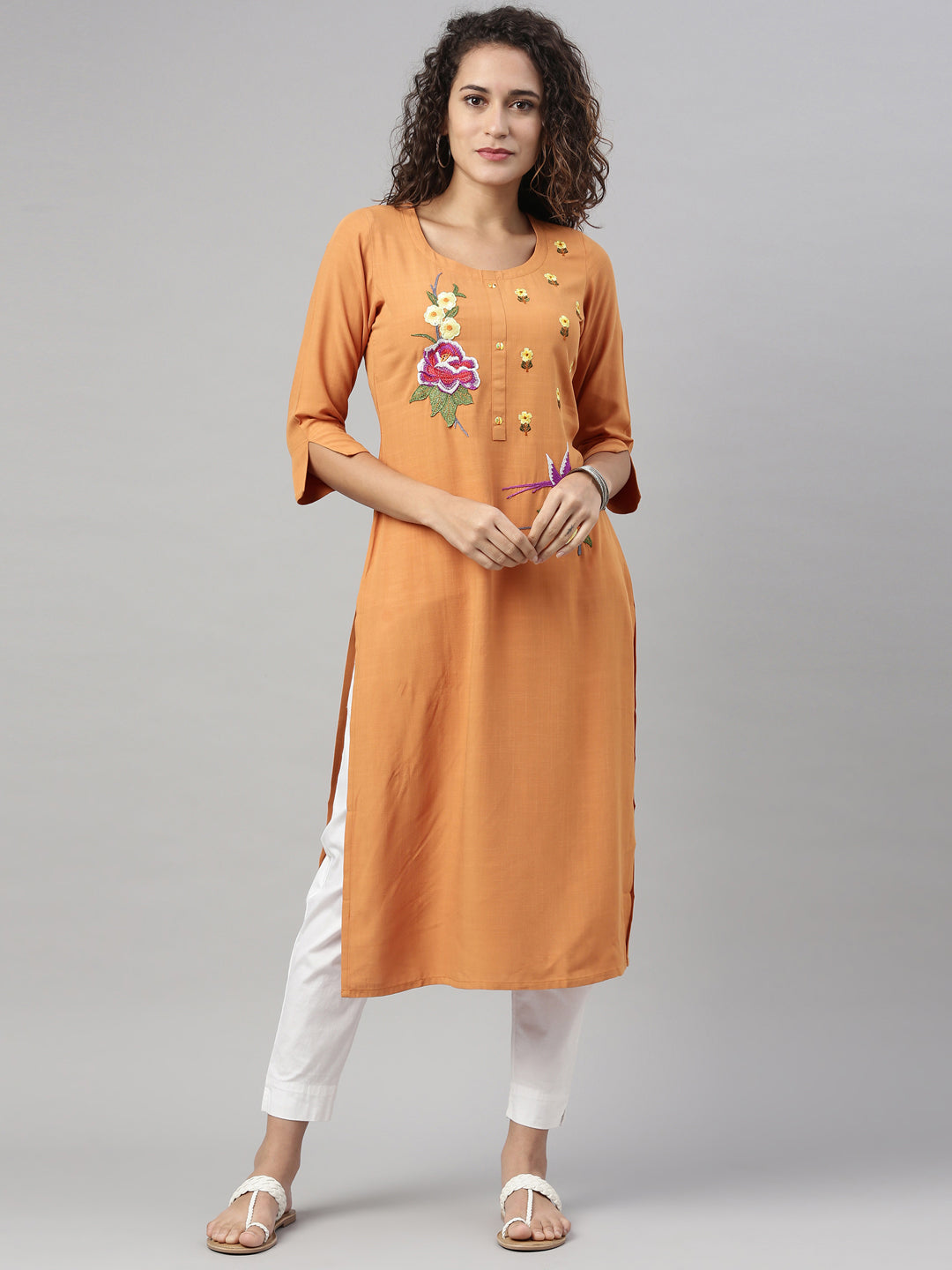 Neerus Yellow Rayon Embroidered Kurta - detail view 4