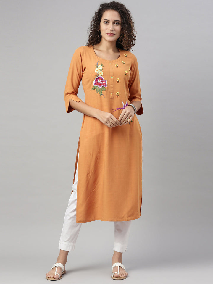 Neerus Yellow Rayon Embroidered Kurta - detail view 4