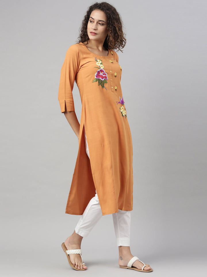 Neerus Yellow Rayon Embroidered Kurta - front view