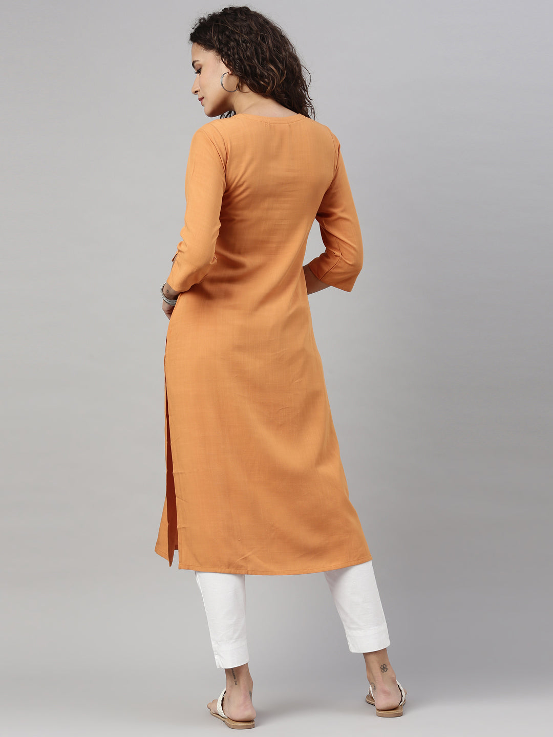 Neerus Yellow Rayon Embroidered Kurta - back view