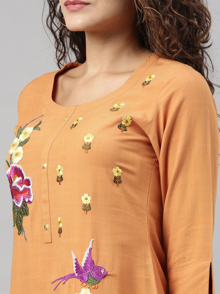 Neerus Yellow Rayon Embroidered Kurta - side view