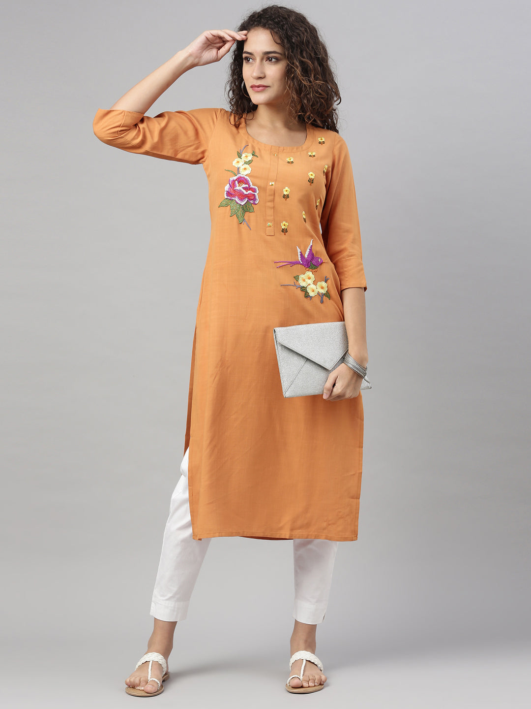Neerus Yellow Rayon Embroidered Kurta - detail view 1