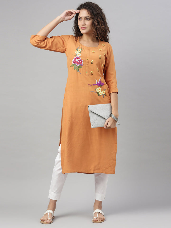 Neerus Yellow Rayon Embroidered Kurta - detail view 1