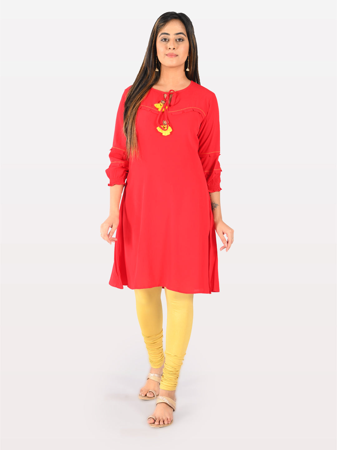 Neerus Red A-Line kurta ethnic wear - front view