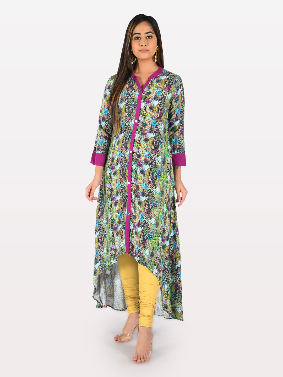 Neerus Multi rayon printed high-low kurta - front view