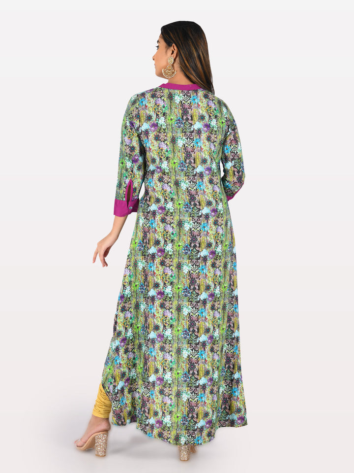Neerus Multi rayon printed high-low kurta - back view