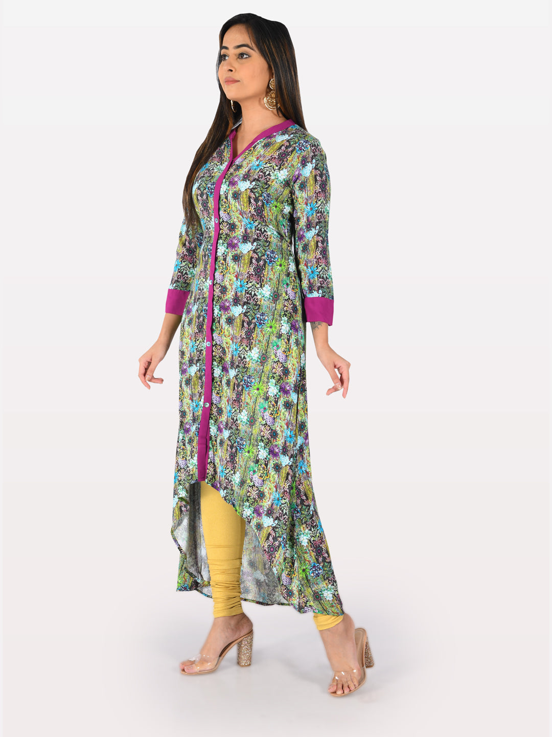 Neerus Multi rayon printed high-low kurta - side view