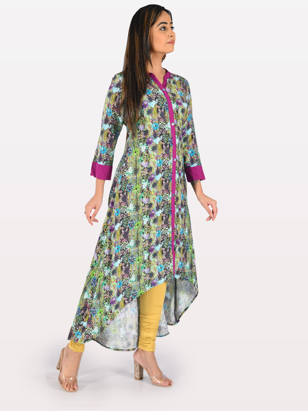 Neerus Multi rayon printed high-low kurta - detail view 1