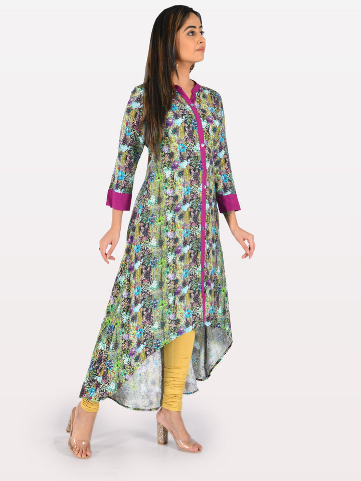 Neerus Multi rayon printed high-low kurta - detail view 1