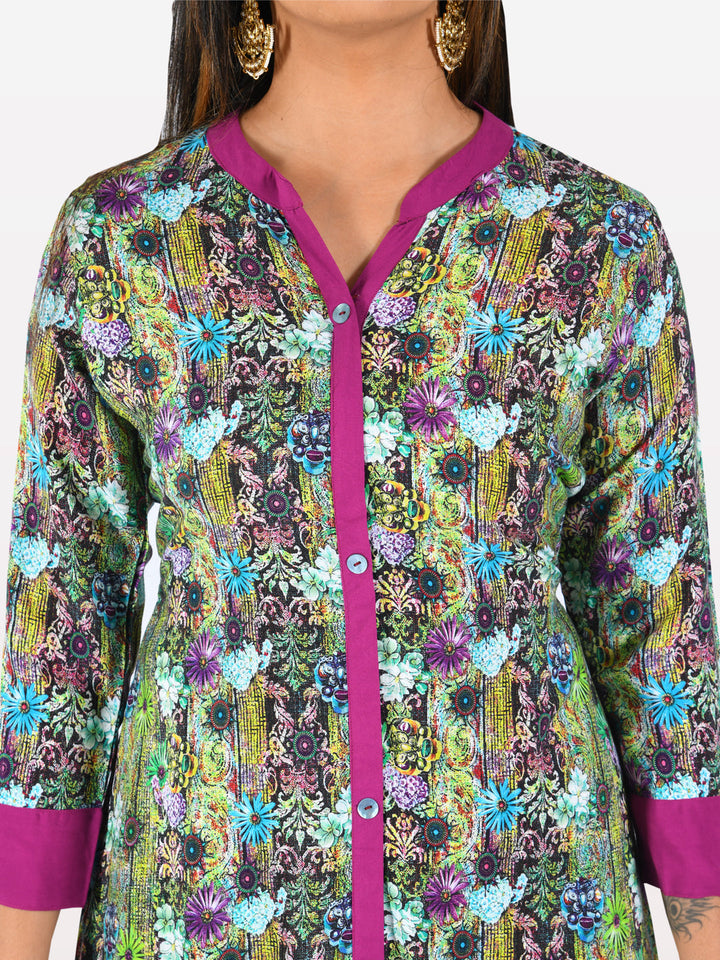 Neerus Multi rayon printed high-low kurta - detail view 2