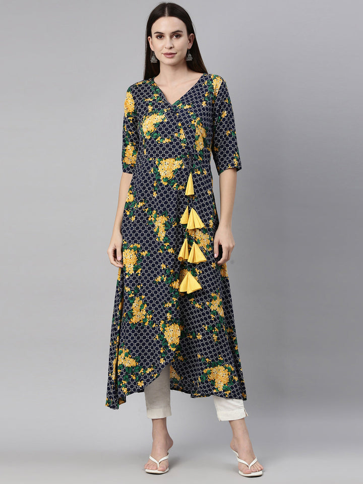 Neerus Blue Rayon Printed Kurta - front view
