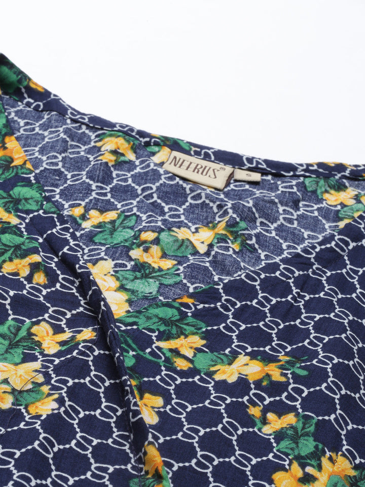 Neerus Blue Rayon Printed Kurta - back view
