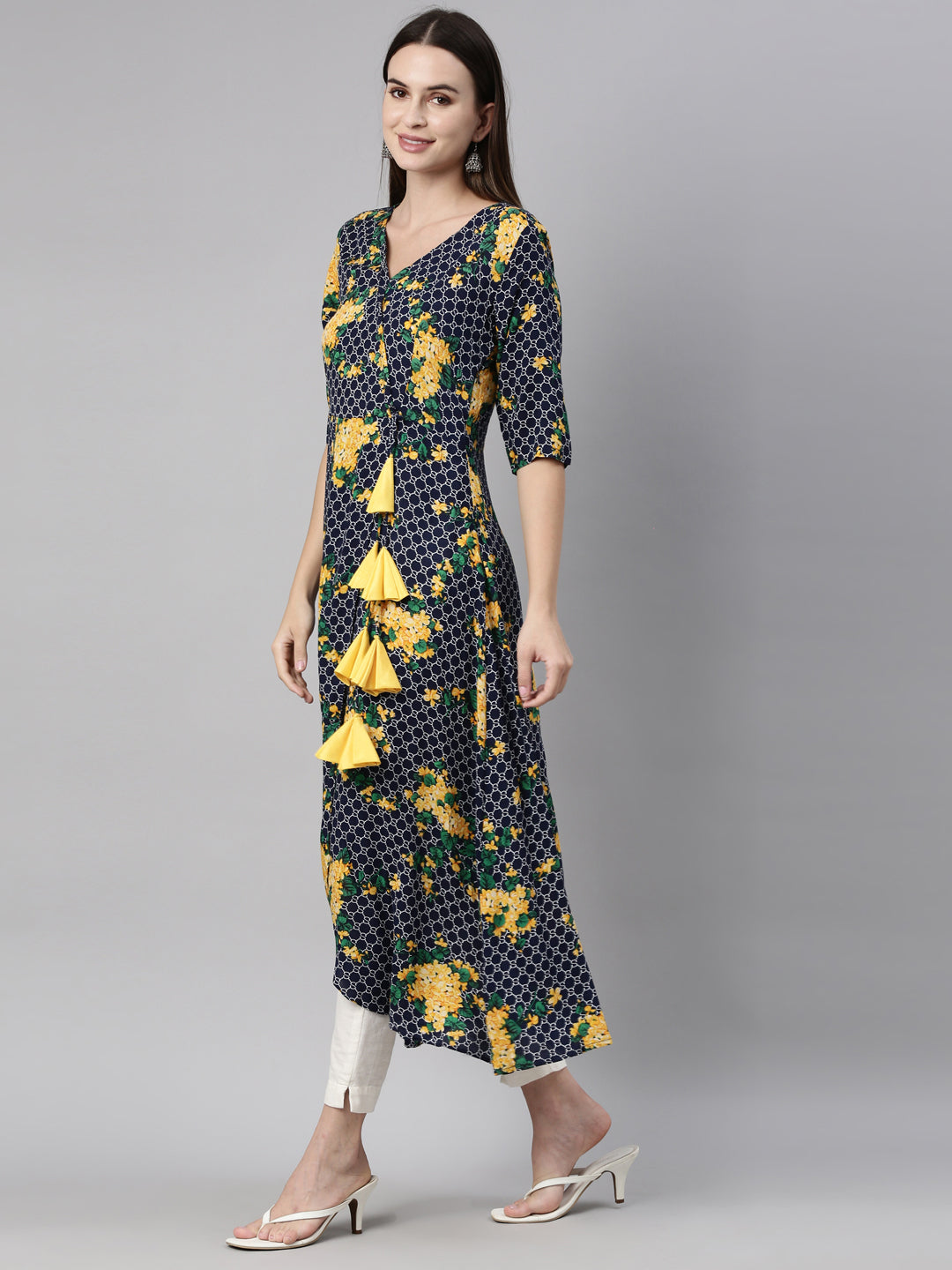 Neerus Blue Rayon Printed Kurta - side view