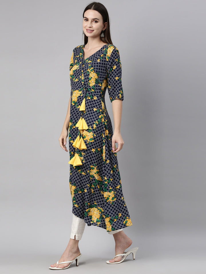 Neerus Blue Rayon Printed Kurta - side view