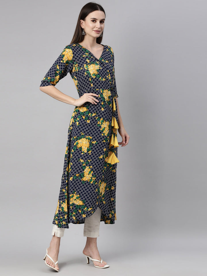 Neerus Blue Rayon Printed Kurta - detail view 1