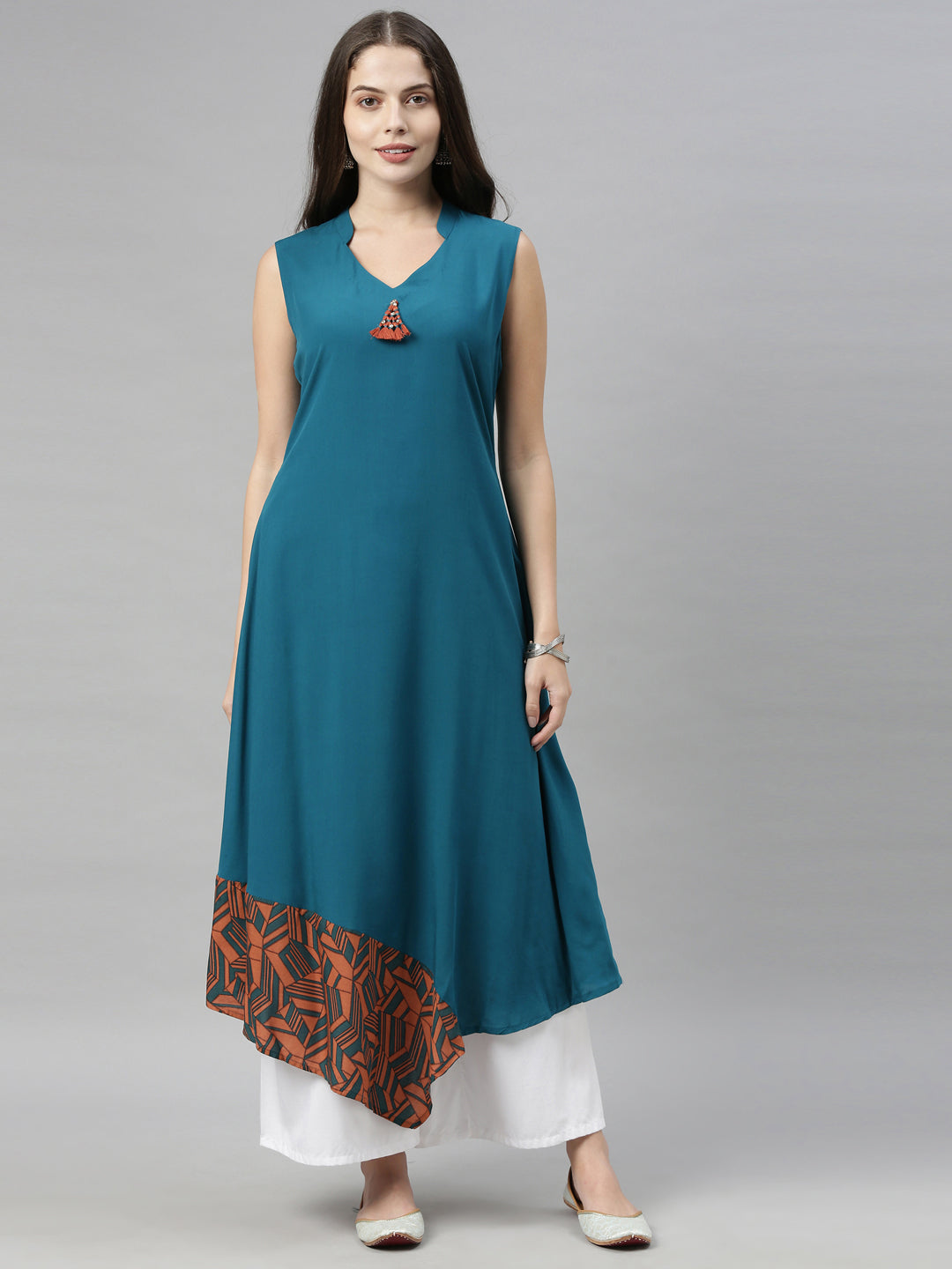 Neerus Blue printed high-low kurta - front view