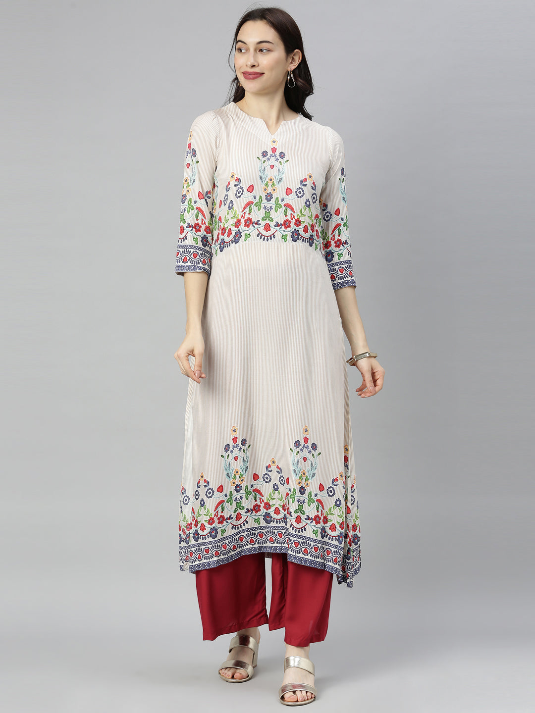 Neerus White embroidered straight kurta - front view