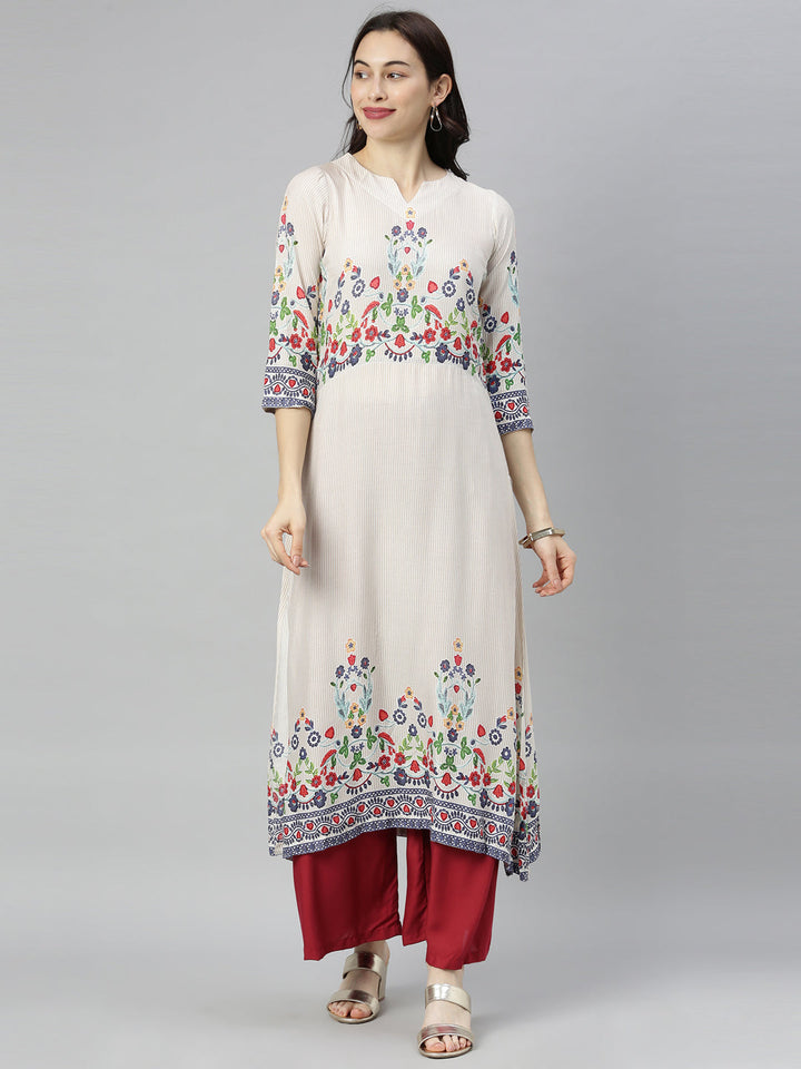 Neerus White embroidered straight kurta - front view