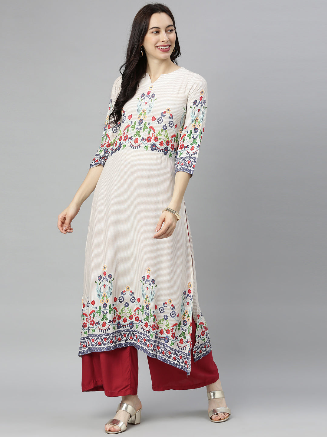Neerus White embroidered straight kurta - detail view 5