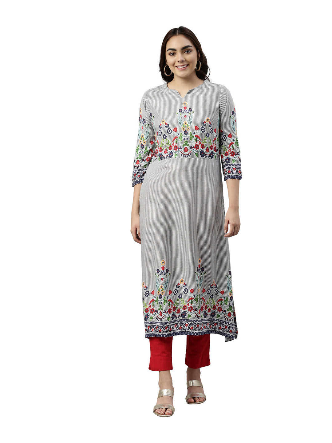 Neerus Grey rayon embroidered kurta - front view