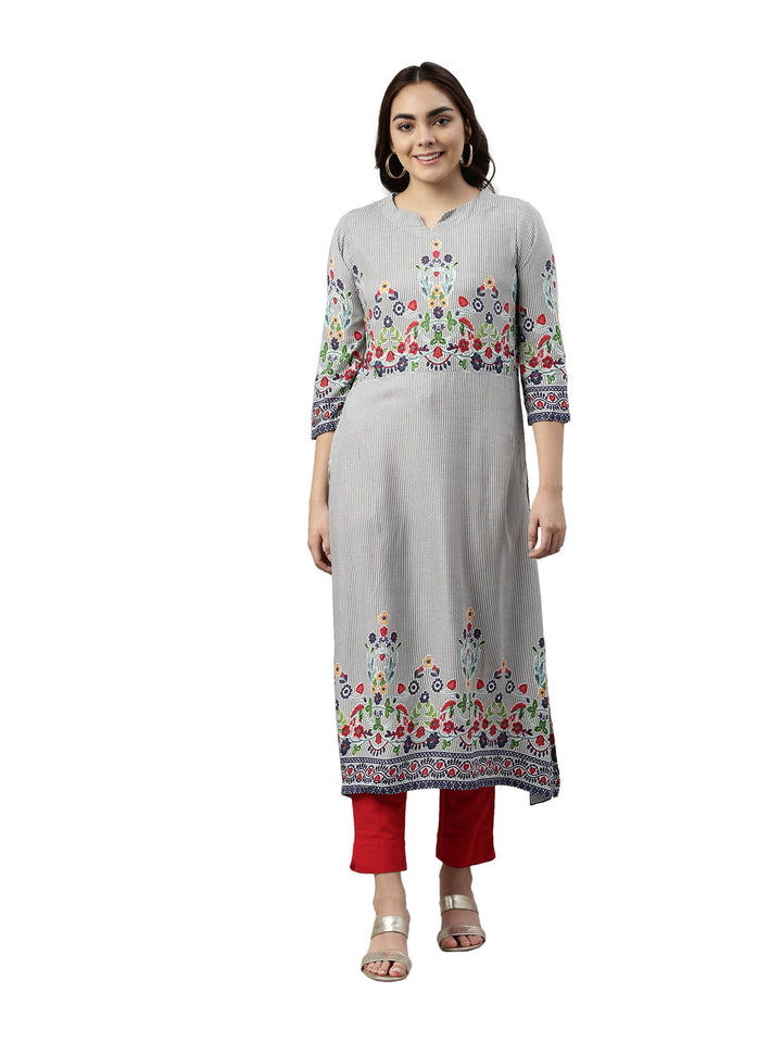 Neerus Grey rayon embroidered kurta - front view
