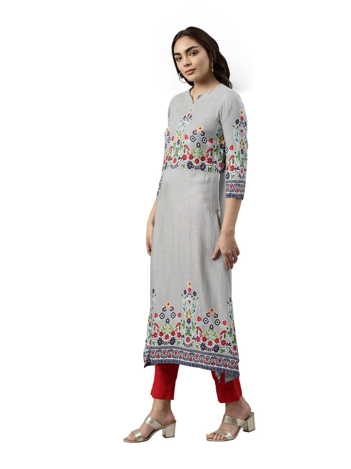 Neerus Grey rayon embroidered kurta - side view
