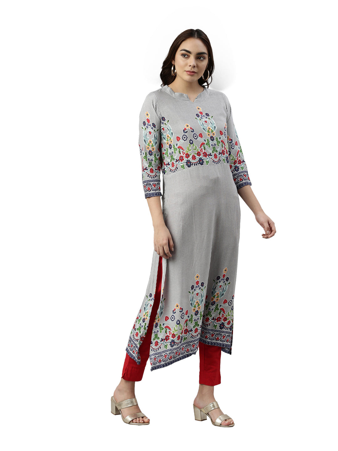 Neerus Grey rayon embroidered kurta - detail view 1
