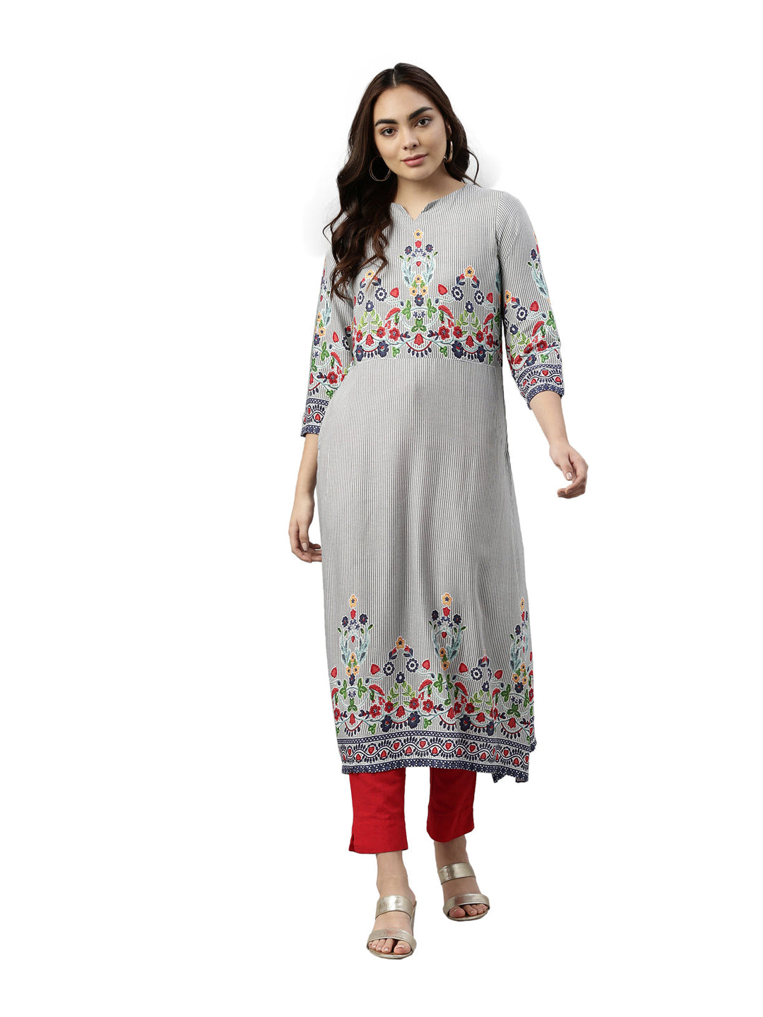 Neerus Grey rayon embroidered kurta - detail view 3
