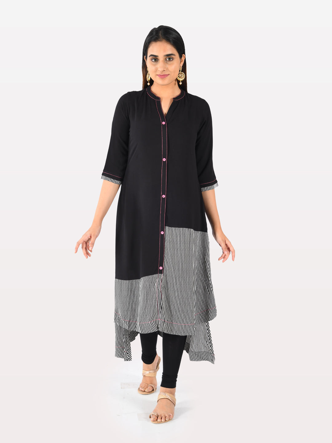 Neerus Black rayon solid kurti - front view