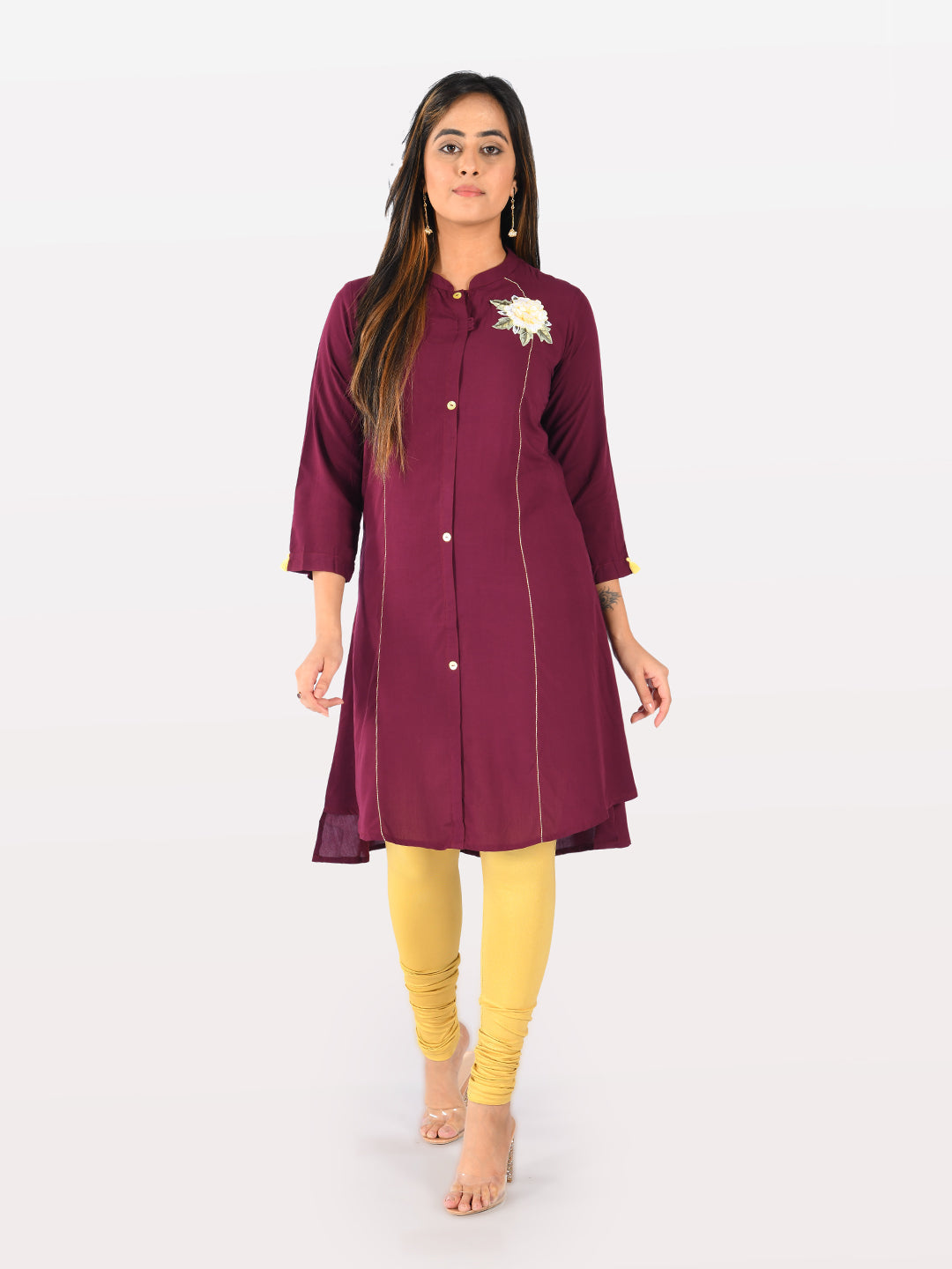 Neerus Maroon rayon embroidered A-line kurta - detail view 5