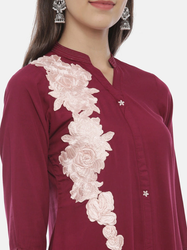Neerus Maroon rayon embroidered A-line kurta - back view