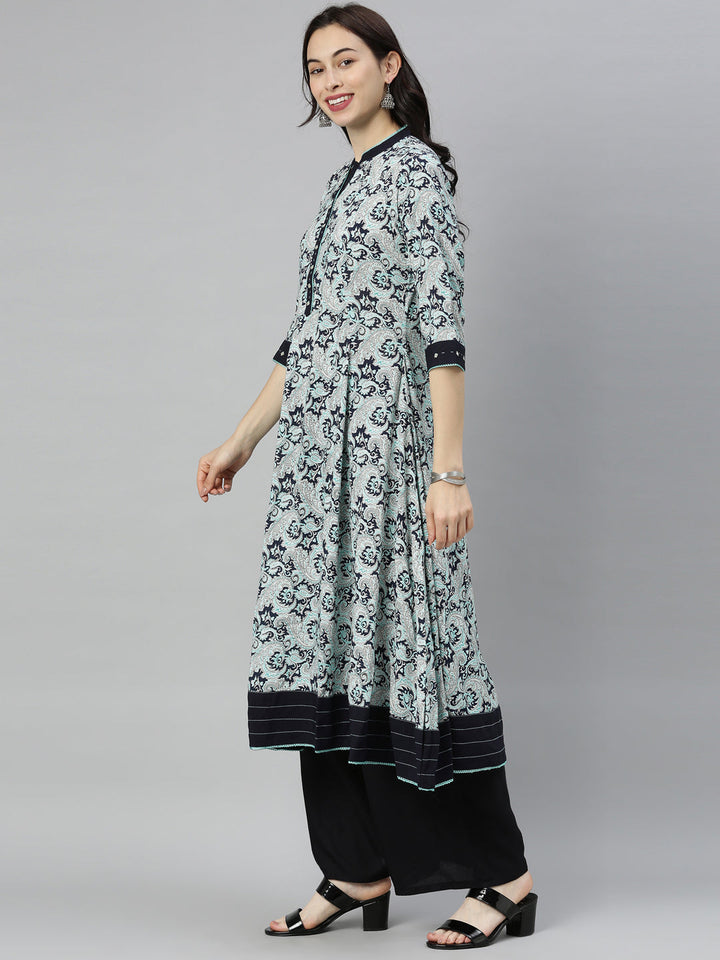 Neerus Blue printed flared kurta - detail view 2