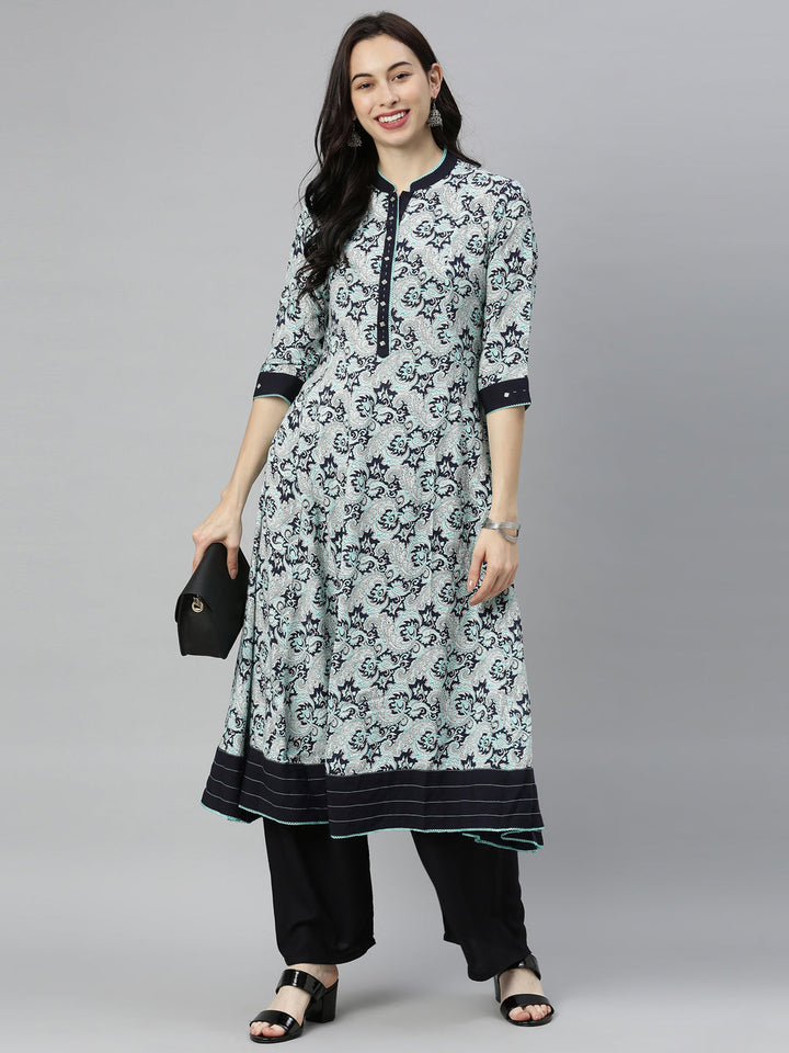 Neerus Blue printed flared kurta - detail view 5