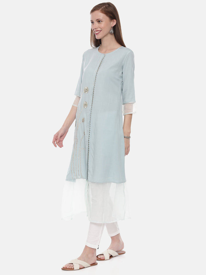 Neerus Blue Rayon Embellished Straight Kurta - side view