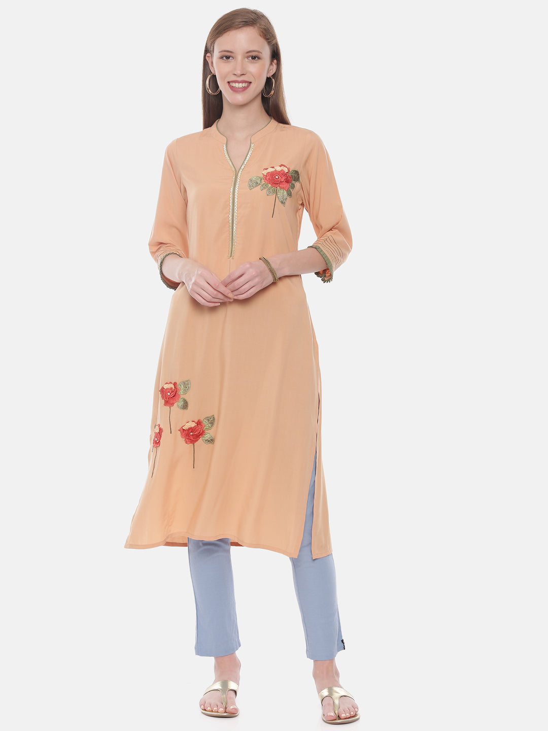 Neerus Orange rayon embroidered straight kurta - front view